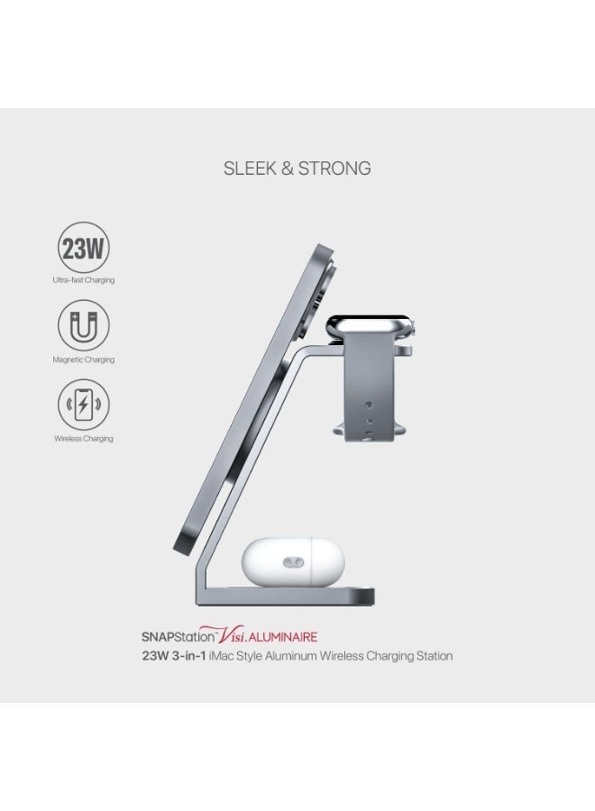 MICRODIA SNAPStation Aluminaire 23W 3-in-1 Aluminum Magnetic Wireless Charging Station, MagSafe Wireless Charger Stand for iPhone 16/15/14/13, AirPods & Watch, Qi Fast Charging Dock – Silver - Image 3